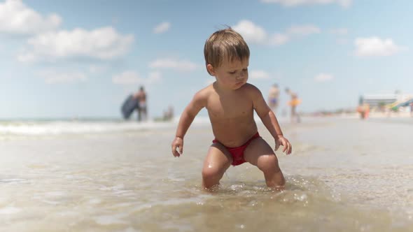 Kid Collects Shells and Pebbles in the Sea on a Sandy Bottom Under the Summer Sun on a Vacation alt