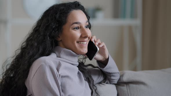 Portrait Joyful Young Woman Resting at Home Talking on Telephone Excited Hispanic Girl Enjoy Nice alt