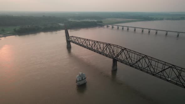 Aerial parallax around Chain of Rocks bridge Missouri during golden hour alt