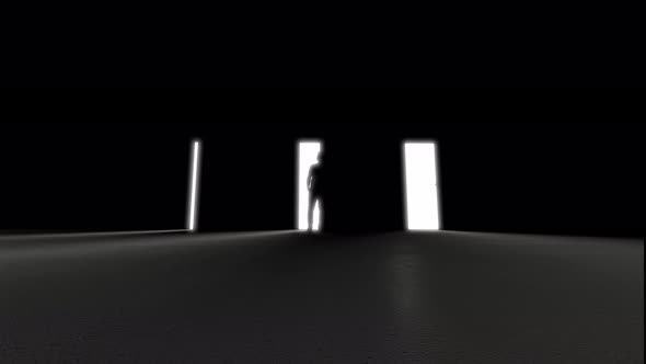 Man standing at three opening doors in darkness, light rays coming trough