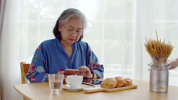 Senior woman use smartphone payment with QR Code  alt