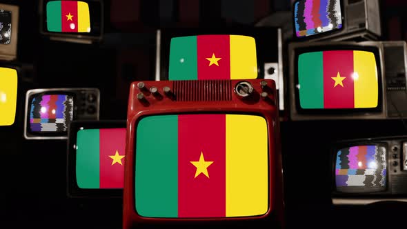 Flag of Cameroon on Retro TVs. 4K.