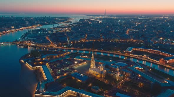 Drone Flies Off the Peter and Paul Cathedral and Fortress at Evening the Sights of St alt