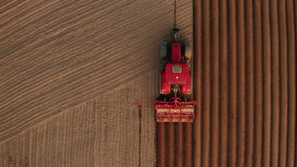 Top View of a Red Tractor Seeding Corn on Agriculture Field alt
