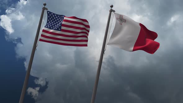 Waving Flags Of The United States And The Malta 4K alt