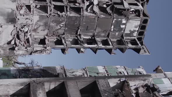 Vertical Video of the War in Ukraine  a Destroyed Building in Borodyanka alt