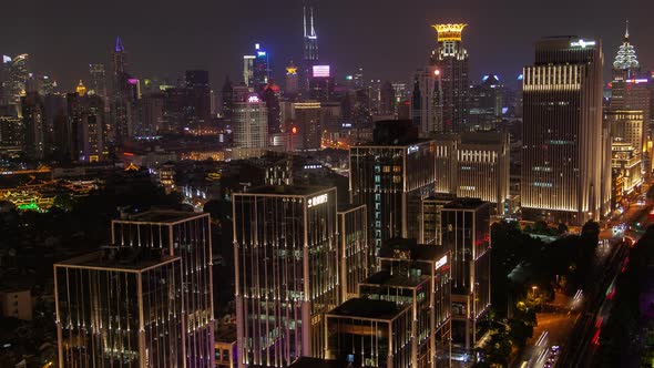 Shanghai Urban Cityscape Aerial Skyline Panorama Timelapse at Night Zoom Out alt