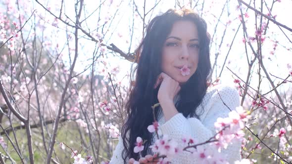 Happy Woman Having Fun in an Orchard with Pink Blossom Peach Flower Trees alt