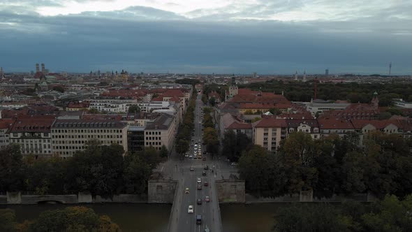 Munich, Germany. Aerial View of Bridge Traffic on Isar River Revealing Angel of Piece aka Friedensen alt