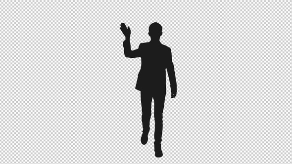 Silhouette of Young Business Man Waving Greetings while Walking, Alpha Channel