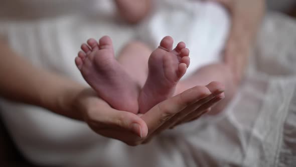 Closeup Little Caucasian Infant Feet in Hand of Unrecognizable Woman Indoors alt