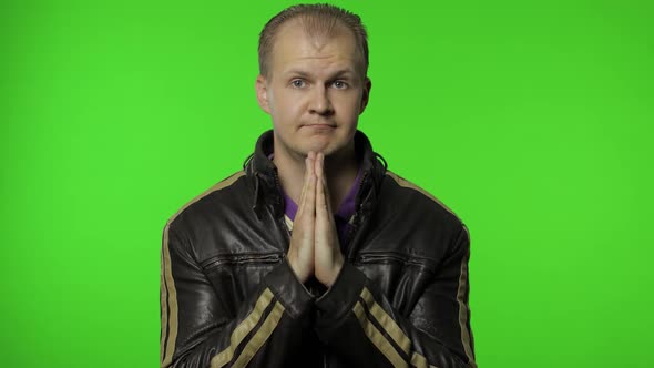 Handsome Man Hands in Prayer and Begging, Asking Permission Heartily, Apologize, Forgive, Chroma Key alt