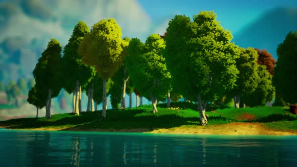 Cartoon Green Forest Landscape with Trees and Lake alt