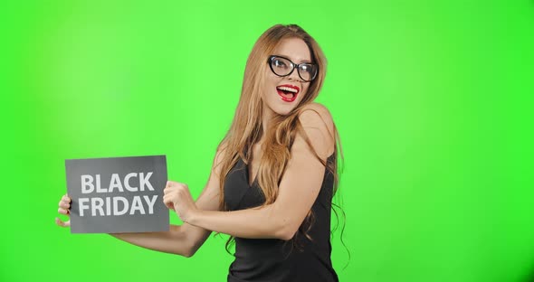 Smiling Lady with Black Friday on Chromakey Background