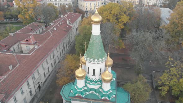 4k Aerial footage of the Russian Church officially known as the Church of St Nicholas in Sofia alt