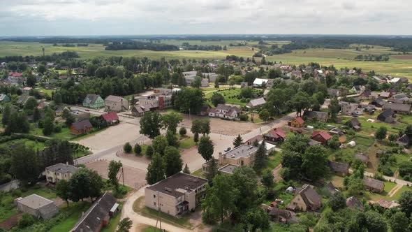 Aerial moving shot of a small town of Kamajai, Lithuania