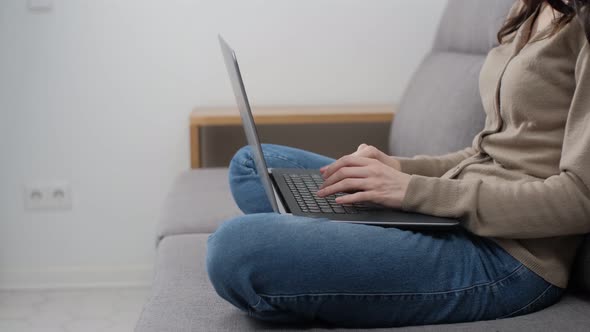 Freelancer girl working on computer on lockdown while sitting in living room alt