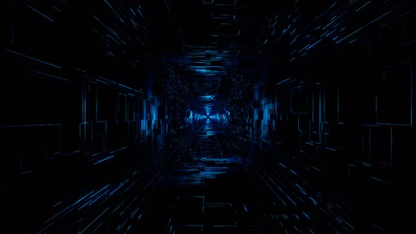 Flight Into Cosmic Web Structure, Neon Blue Square Sci-fi Tunnel
