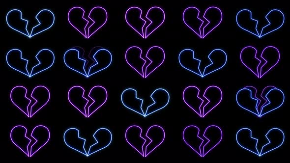 Sequence of Random Breaking Neon Hearts with Loop