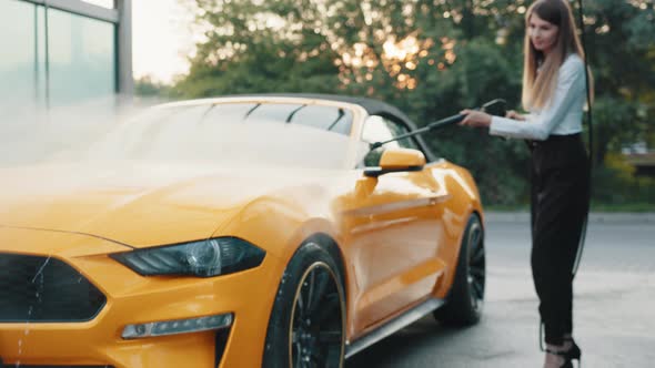 Successful Business Woman Wearing on a White Shirt and Black Trousers Washing alt