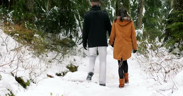 Couple walking on the snow covered path in the forest alt