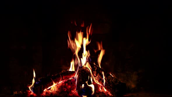 Fireplace with burning wood at night alt