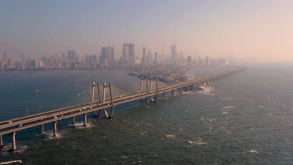 Mumbai, India, Worli sea link bridge, 4k aerial drone city skyline view alt