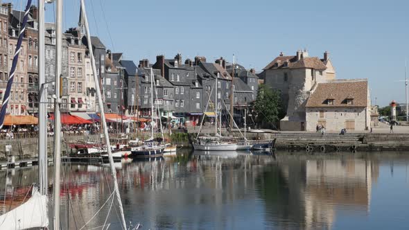 HONFLEUR, FRANCE - SEPTEMBER 2016 Beautiful  French Normandy Vieux Bassin port water reflections and alt