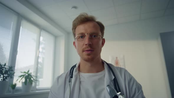 Pov Video Physician Checking Eye Reflex Using Neurological Hammer Close Up alt