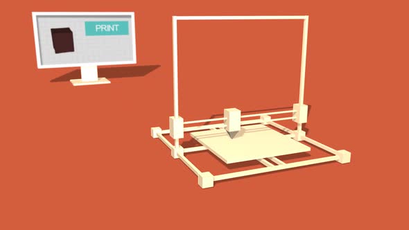 Simple Animation of Printing a plant box with a 3D Printer. Red Background. alt
