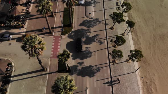 Close Up Top Down View Over Roads with Palm Trees and Few Vehicles alt