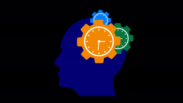 Blue Color Gear Head Clock Isolated Animated On Black Background alt