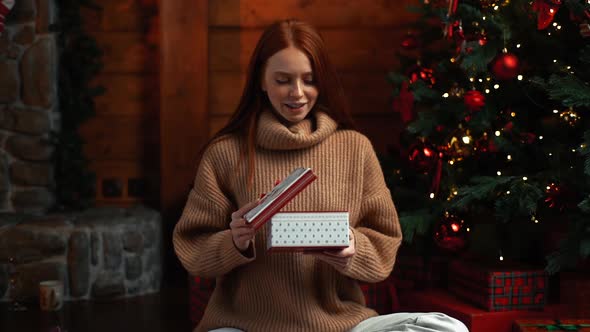 Happy Woman Waiting for Christmas Present, Lady with Disappointment Opening Box with Surprise alt