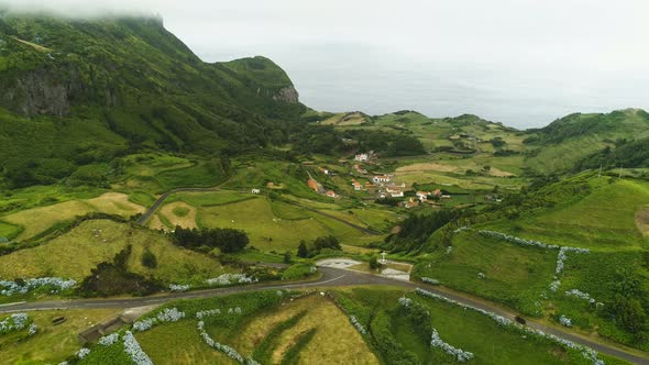 Aerial View Of Green Flores Island In Azores