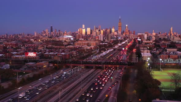 Aerial Reveal of Chicago Skyline and Rush Hour Traffic alt
