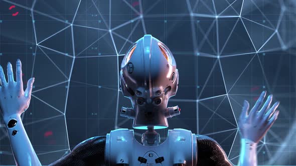 sci-fi woman robot ,  large holographic interface alt