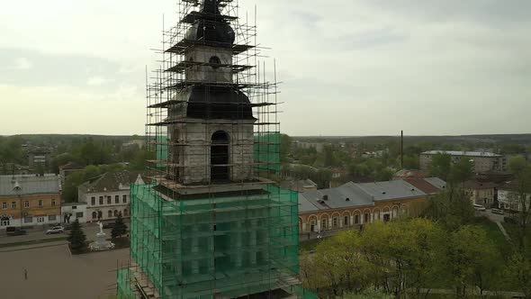Building of Church Under Reconstruction in Small Town