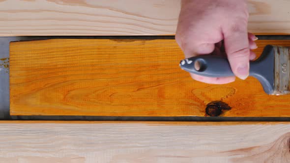 The painter technically applies wood stain on the freshly planed wooden board