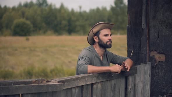 Farmer Working On Farm Ranch. Cowboy Countryside Farmland. Horseman On Work. Cowboy Farmer Lifestyle alt