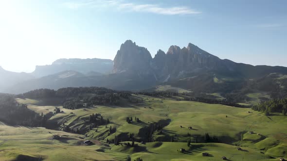 Aerial View of Langkofel Mountain From Alpe di Siusi, Dolomites, South Tyrol, Northern Italy