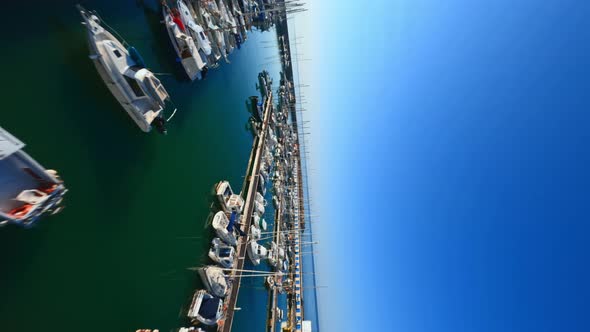 FPV Drone Shot Flying Between Palm Threes Towards Boat Port Vertical Shot alt