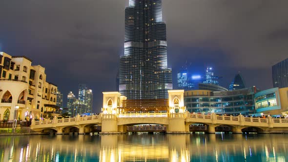 Dubai Downtown Night Time Lapse. Pan Up
