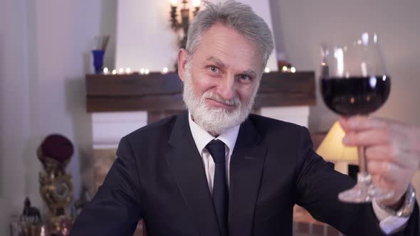 Portrait of Confident Grey-haired Caucasian Man Clinking Wineglass at Camera and Smiling. Positive alt