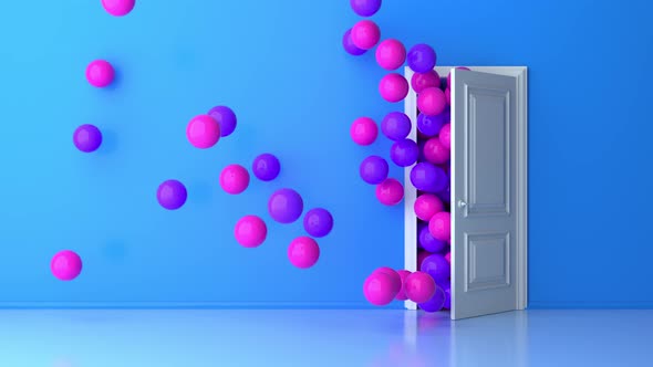 Purple pink balls fly through the open door on blue background alt