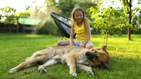 Cute girl and dog enjoy summer day on the grass in the park.