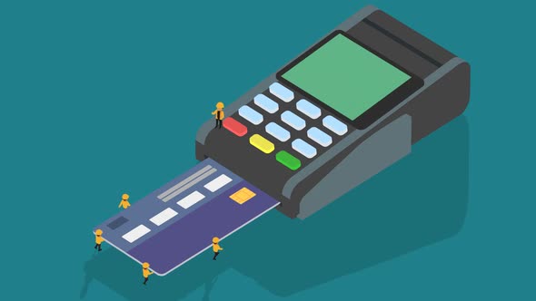 Small people carrying bank card, putting it into the reader and entering a PIN. alt