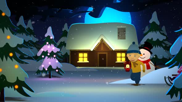 The kids are enjoying the sled ride. The Merry Christmas word appears. alt