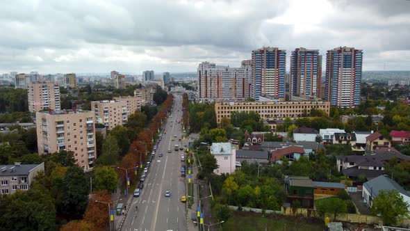 Kharkiv city aerial. Street cityscape fly forward
