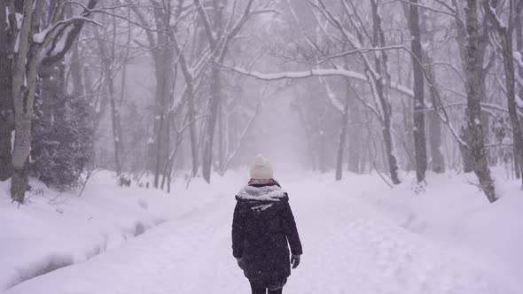 Young woman traveler walking in the forest while snowfal