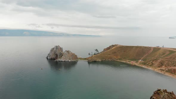 Drone Flight Over Cliff and Bay Olkhon Island on Lake Baikal, Russia